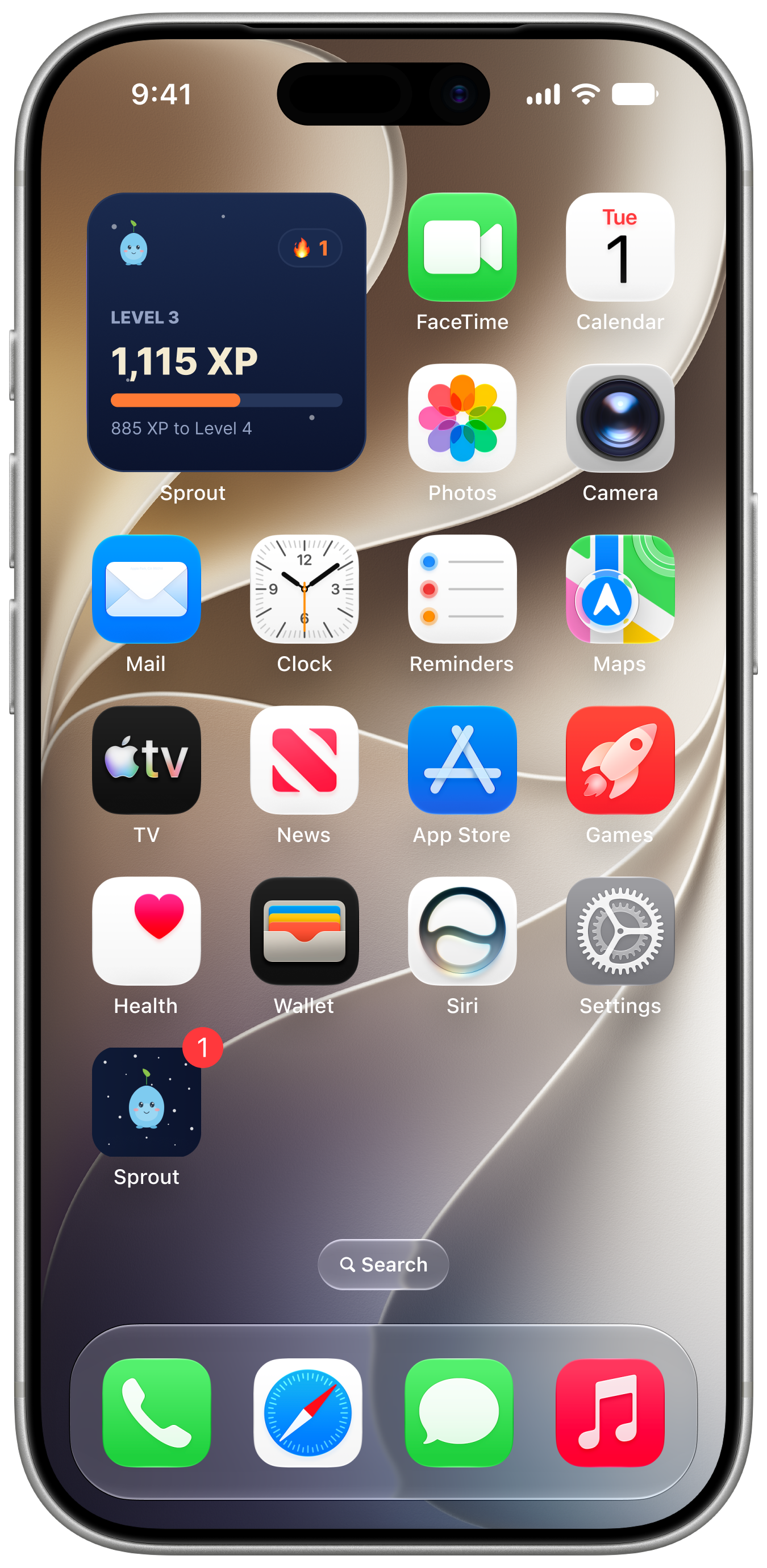 iOS home screen with a Sprout widget showing Level 3, 1,115 XP and progress to the next level
